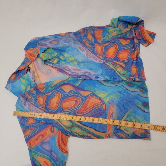 POSTER GIRL Womens 2X Mesh Crop Top Blue Orange Tie Dye Button Up Long Sleeve - Picture 10 of 11